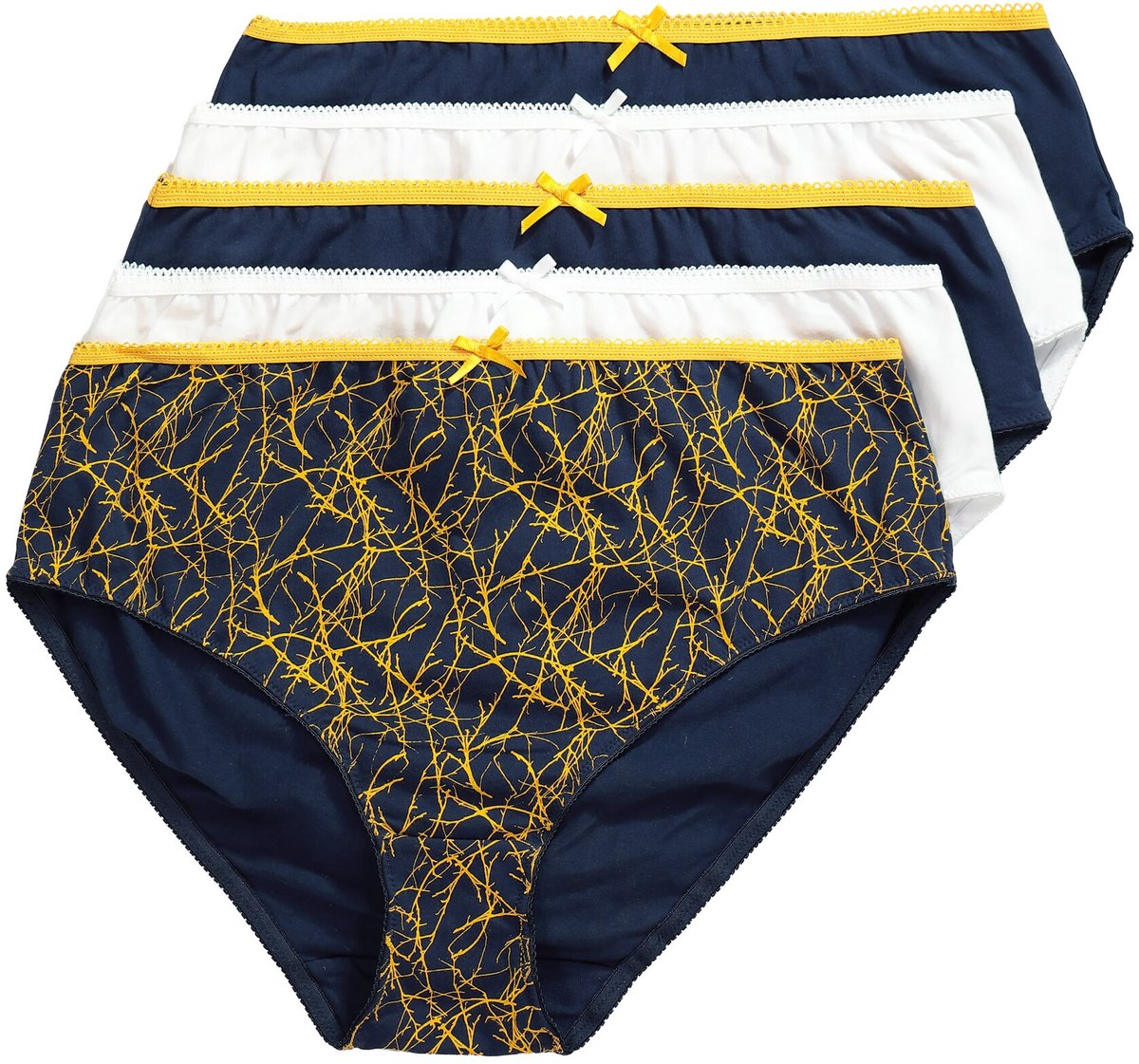 Ulla Popken - Dames - Midi-slips set van 5 motief / effen - Nachtblauw - Maat 62+