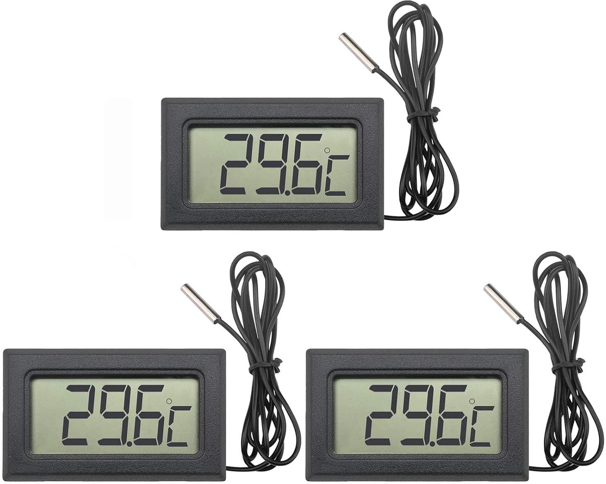 Aanlegthermometer - Zwart - Digitale LCD Thermometer met 1 m NTC-sonde - Voor Koelkast en Aquarium