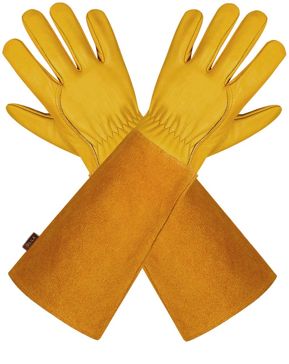 Tuinhandschoenen – Argonbooglashandschoenen – Tuinhandschoenen – Werkhandschoenen – Geschikt voor het snoeien van rozen – Lange manchetten – Bescherming van de onderarmen – Perforatiebestendig – Slijtvast – Zacht leer – Unisex – XL – Geel
