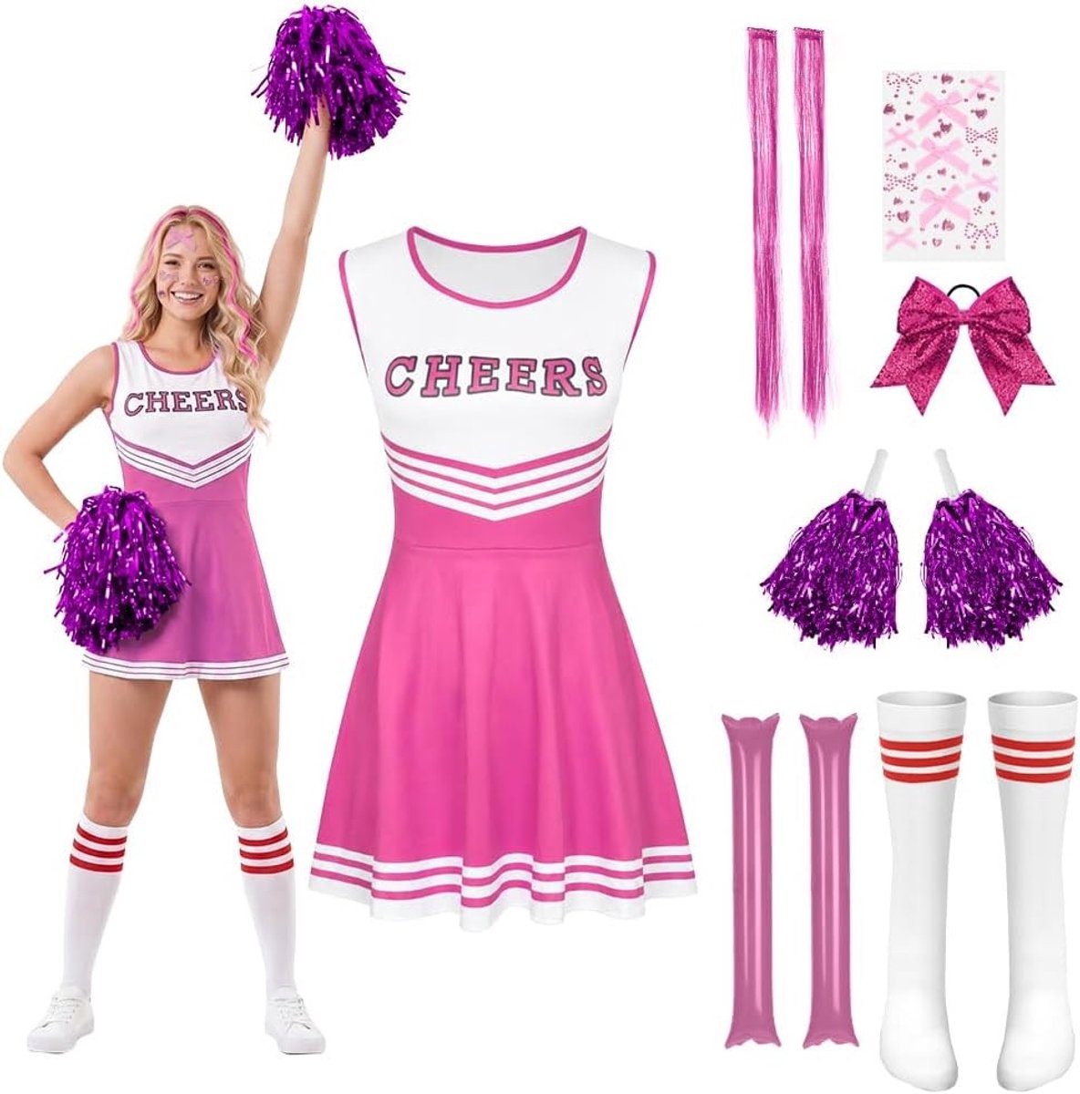 Vrouwen Cheerleader Kostuum, Roze Fancy Dress Outfit voor Feestjes en Evenementen, Maat M