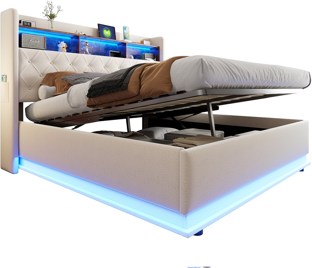 Gestoffeerd bed - Bed met hydraulische opbergruimte - LED verlichting - USB aansluiting - Linnen - Slaapkamer - 180x200 cm - Beige