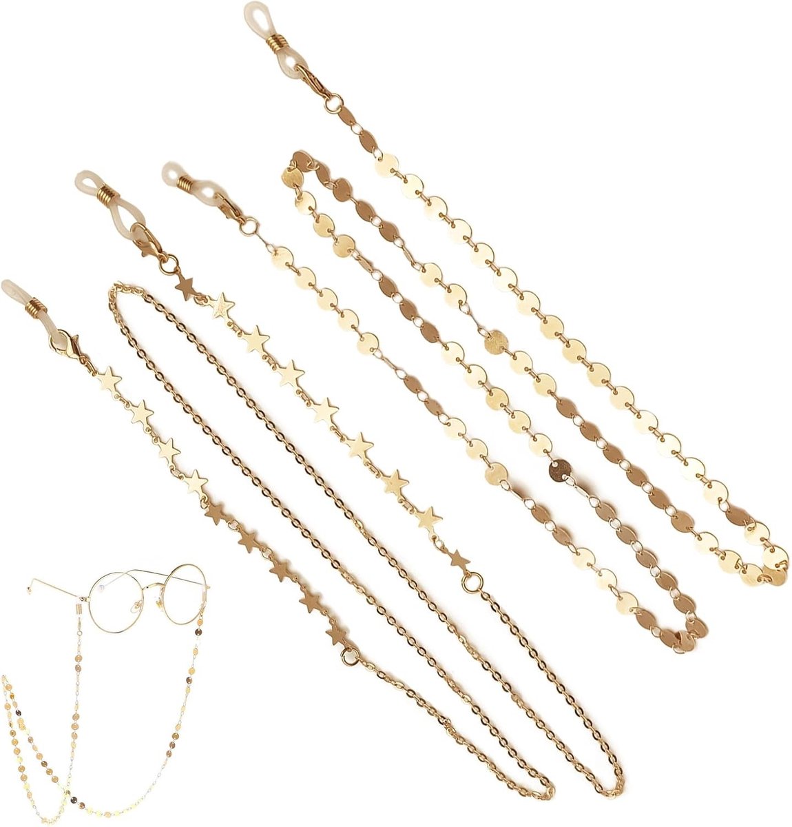 Set van 2 Brillenkettingen voor Dames en Heren - Zonnebrilketting met Sterren en Sequins in Goud - Verstelbare en Stijlvolle Accessoires voor Kinderen en Volwassenen