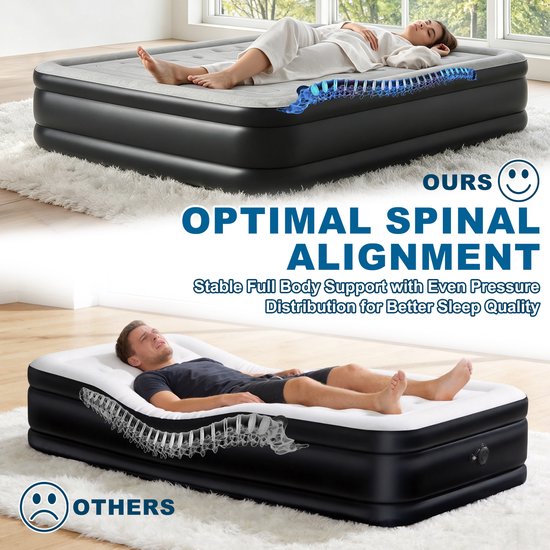 Luchtbed voor 2 personen, zelfopblazend, opblaasbaar matras, logeerbed met elektrische ingebouwde pomp en tas, voor camping/thuisgebruik, 195 x 152 x 46 cm — afbeelding 4