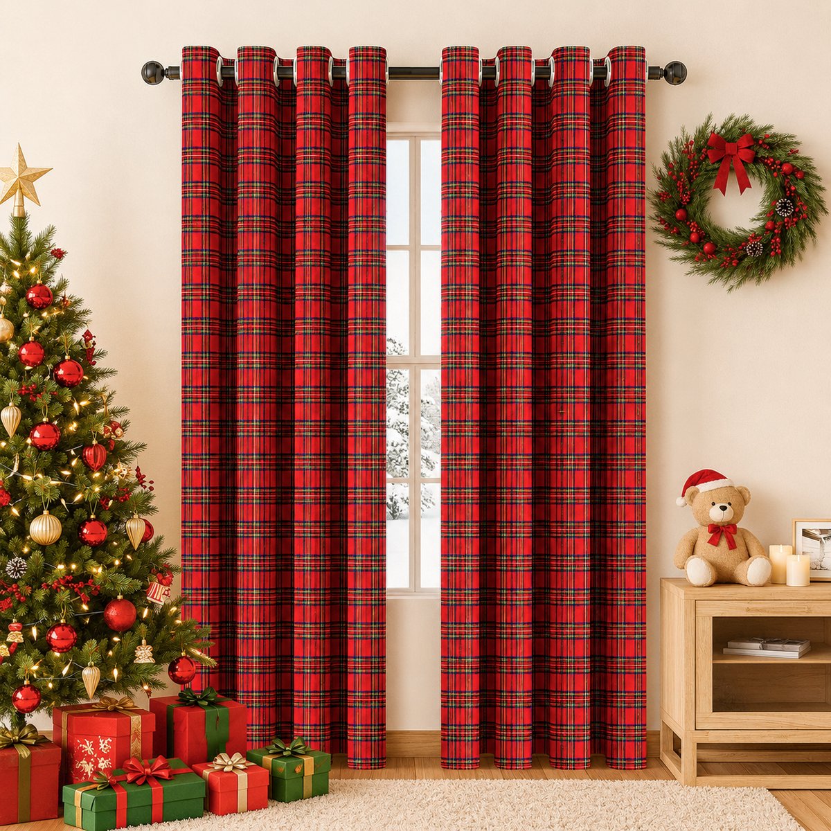 Lapamax Vintage Kerst gordijn met Ruitjes - Kant-en-Klaar Gordijn met Ringen -gordijnen verduisterend 50-70% voor Woonkamer, Slaapkamer en Keuken - Kerstdecoratie - Rood - 132 x 160 cm (B x H) - 1 Stuk