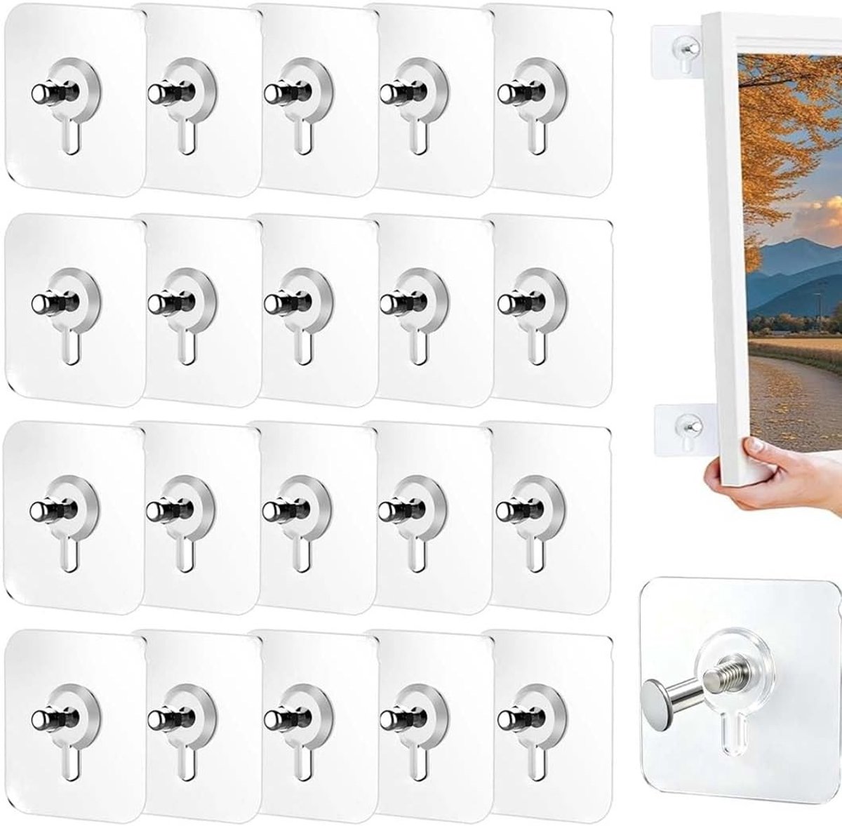Zelfklevende haken voor foto's, 20 stuks transparant, acryl wandhaken zonder boren, ideaal voor decoratie en het ophangen van accessoires