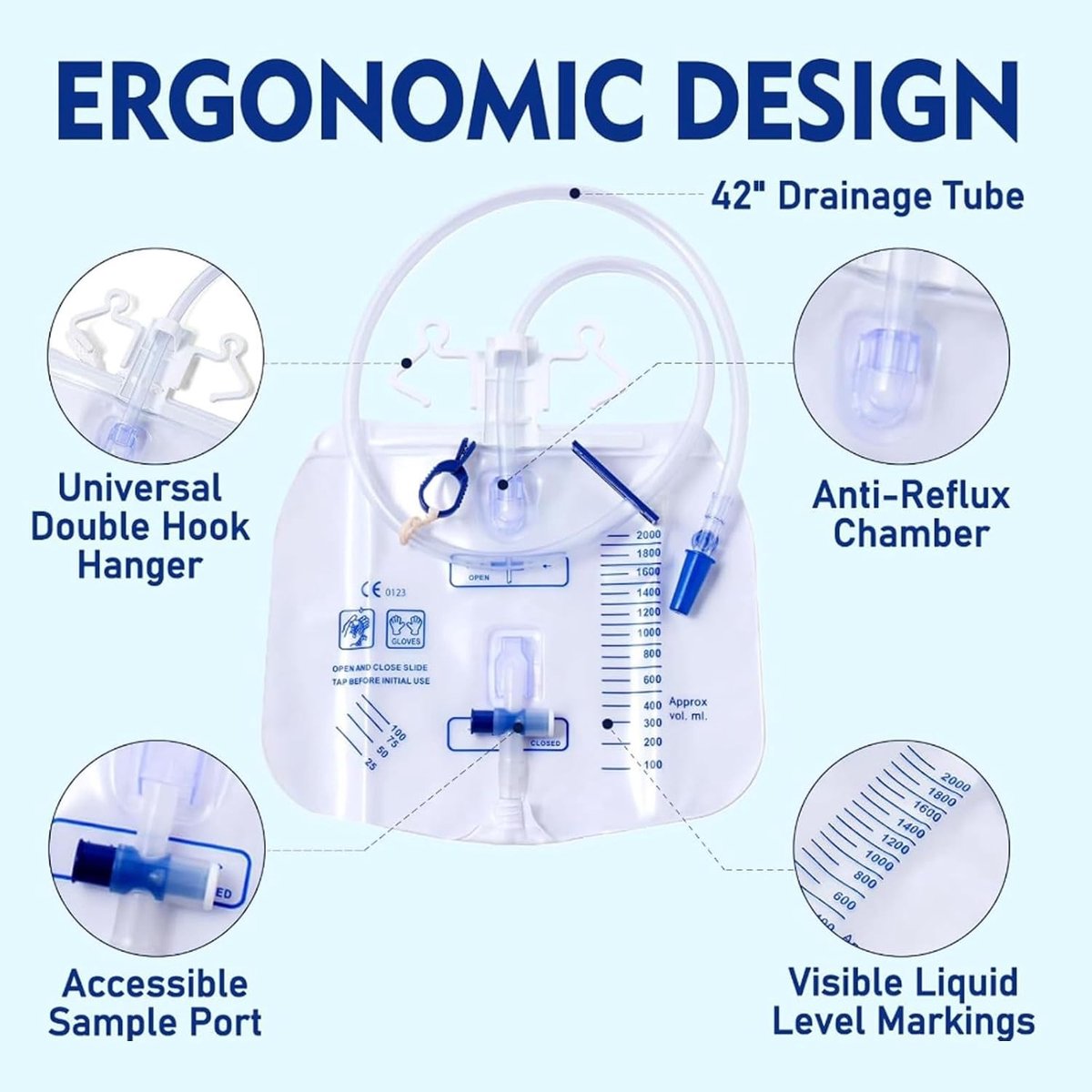 6 stuks 2000 ml urinedrainagesysteem met anti-reflux, ventiel T-afvoer en stoffen banden voor incontinentiezorg en comfort