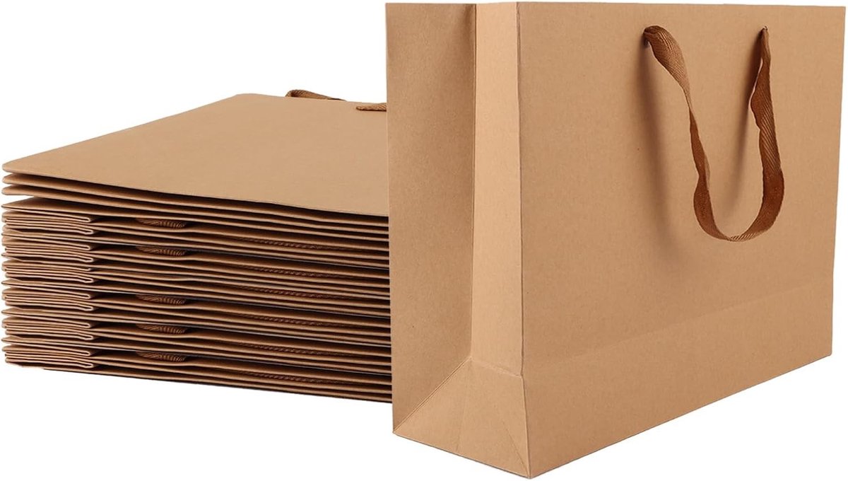 Set van 24 Papieren Cadeau Tassen met Handvat, 32 x 11 x 25 cm, Bruin, Ideaal voor Bruiloften, Kerst en Feestjes, Ruime Cadeauverpakkingen