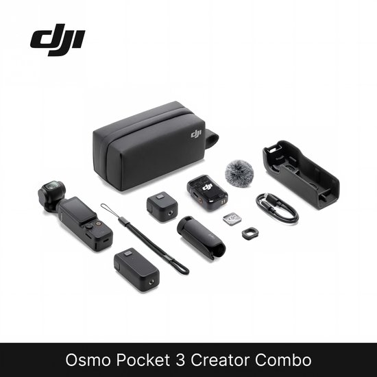 DJI Osmo Pocket 3 Creator Combo: camera, hoes, microfoon, accessoires en tas.