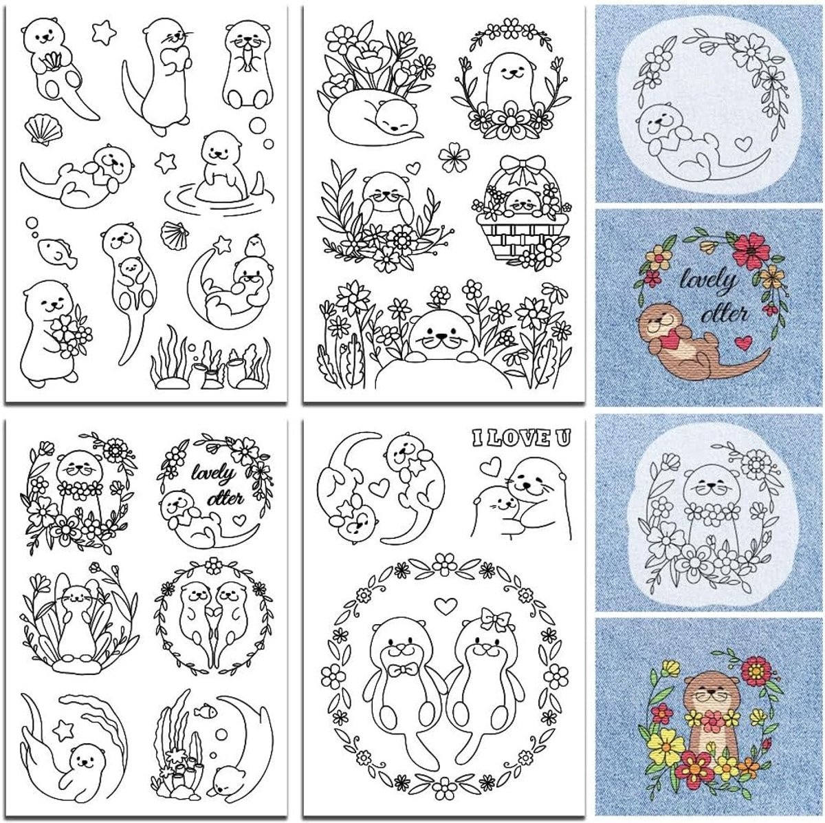 Wateroplosbare Borduurpatronen voor Beginners - 4 Vellen Rivierdieren met 29 Patronen, Wasbare Stick en Stitch Borduurpapier voor Creatieve Vrouwen en Volwassenen