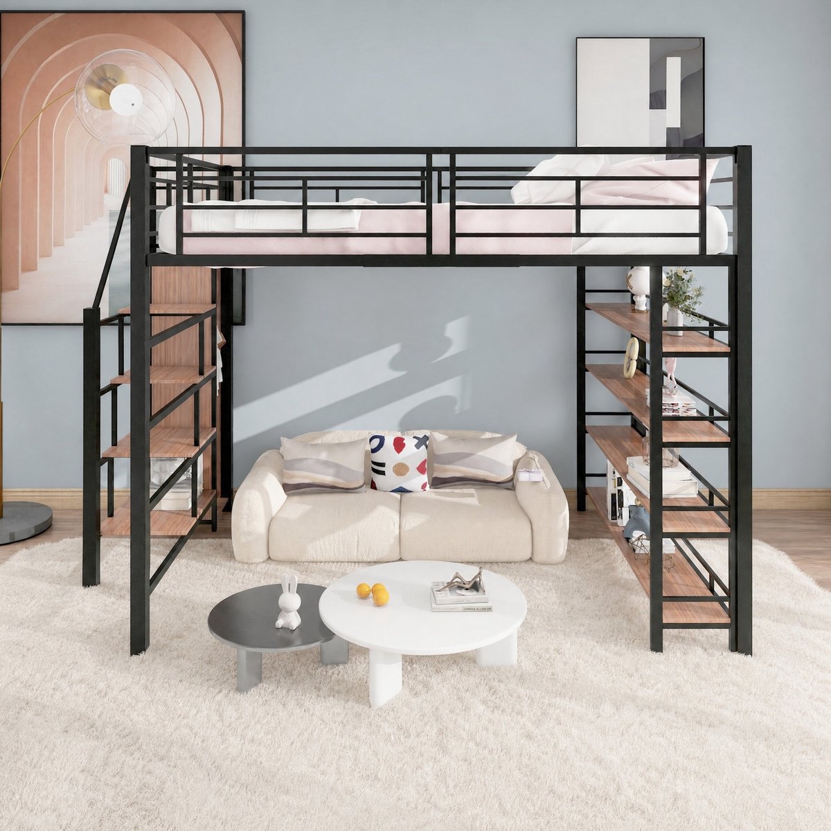 COVREO Hoogslaper met stauraumtrap en klerenkast – 249,5x147x170 cm – Stapelbed van metaal voor kinderen – met veiligheidshek en planken – Zwart - zonder matras