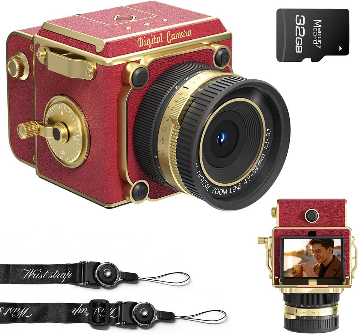 Retro digitale camera - Draagbare retro point-and-shot camera met decoratief design - Compacte autofocuscamera met ondersteuning voor 2.7K video-opname, 56 MP, geschikt voor beginners, kinderen en tieners - rood