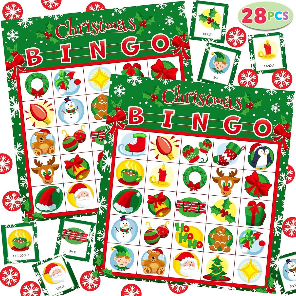 28 Spelers Kerst Bingo Kaarten (5x5) voor Kinderen - Feestbenodigdheden, School Activiteiten en Gezellige Gezinsgames