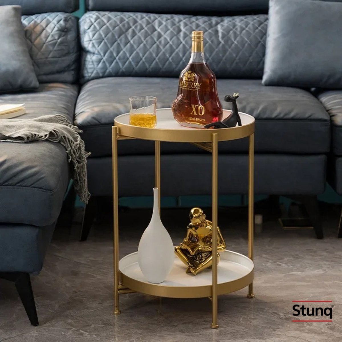 Stunq® Opvouwbare 2-Tier Metalen Ronde Bijzettafel Wit/Goud met Afneembaar Blad