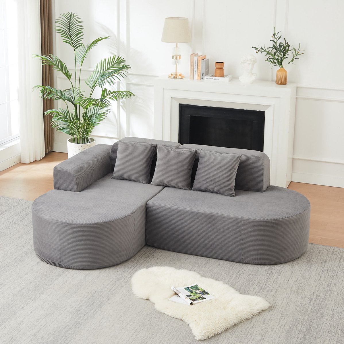 L Vormige Hoekbank 220 Cm - Zachte Corduroy Stoffen Bank Met 3 Kussens - Voor Woonkamer Speelkamer En Loungeruimte - Grijs