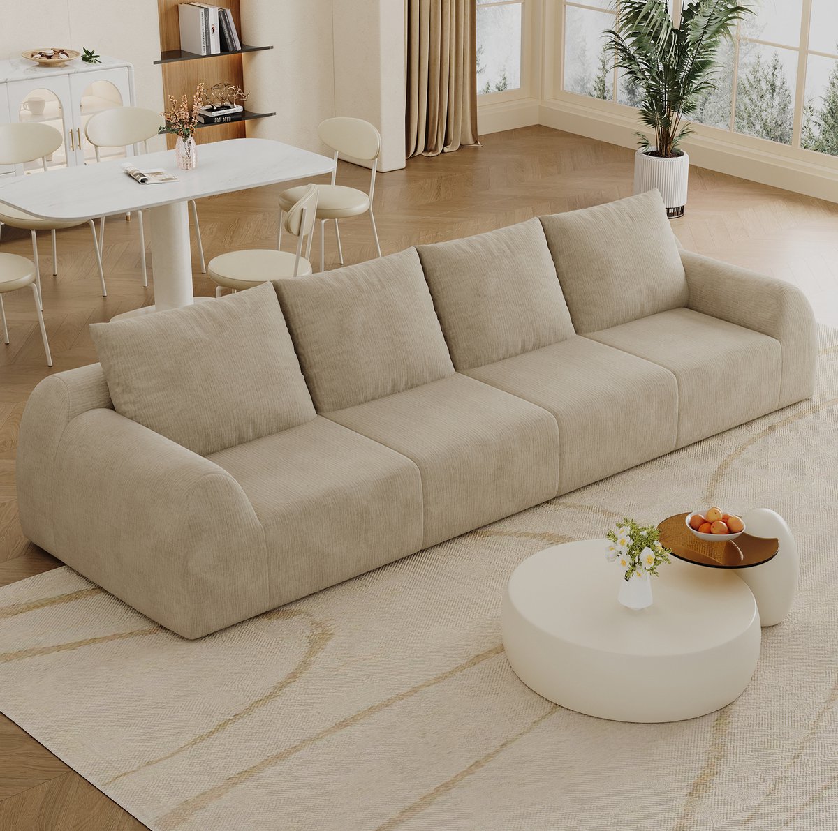 Wishdor 4-zits zitbank - Compressiebank zonder gereedschap - Chenille stof en schuimvulling - Scandinavisch basic - Woonkamer appartement - Khaki - 324 x 95 x 85 cm