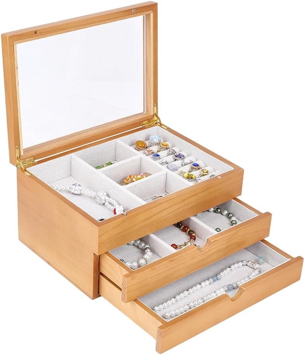 Vintage Houten Sieradenbox met Glazen Deksel, 3 Laags Organizer voor Ringen, Oorbellen en Kettingen, Perfect als Cadeau voor Vrouwen op Valentijnsdag, 26 * 19 * 13.7cm