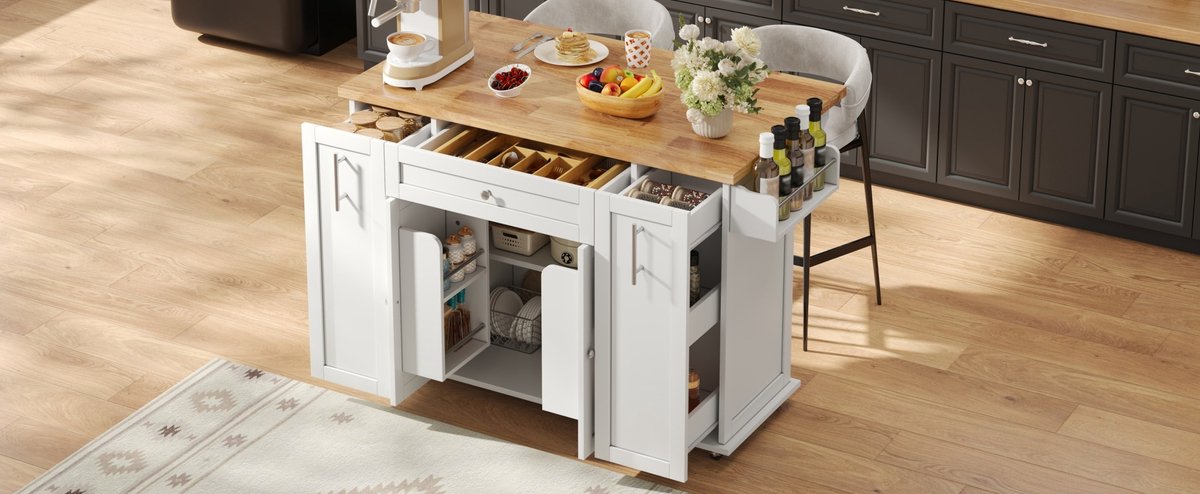 OKWISH Mobiel Keukeneiland - Opklapbaar Werkblad - 3 Verticale Laden - 2 Deurkasten - Met Zijrek - MDF Wit Natuur - 120x45x87 cm