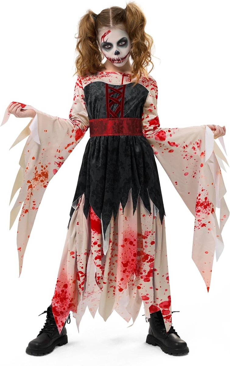 Zombie Halloween Kostuum voor Meisjes - Kids Zombie Prinses Jurk voor Feestdagen en Verkleedpartijen (Maat M)