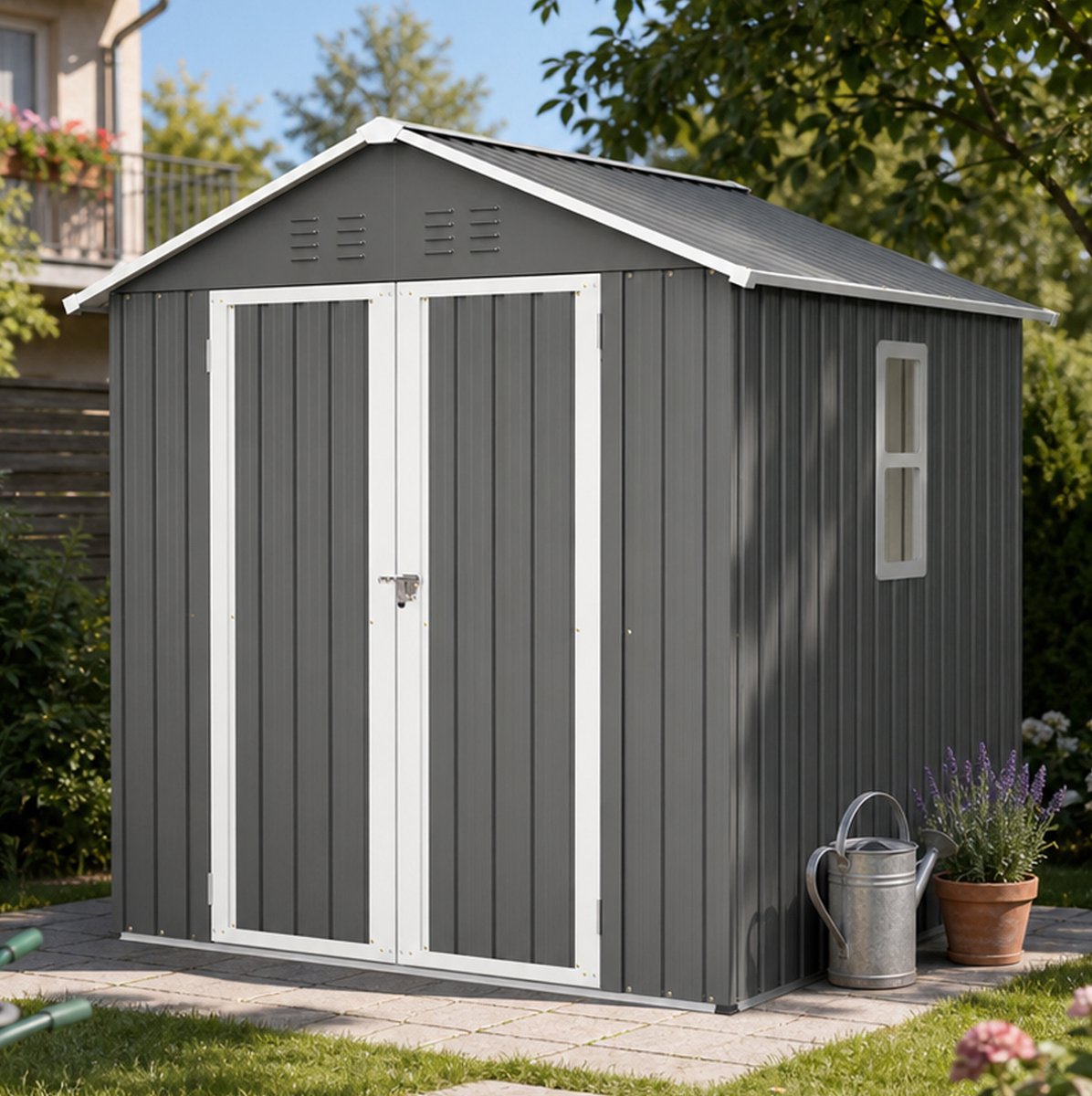 MIVRAY Metalen Berging - Ruim En Weerbestendig - 184,8 X 182 X 191,1 Cm - Metaal - Grijs - Voor Tuin, Terras En Erf - Met Slot