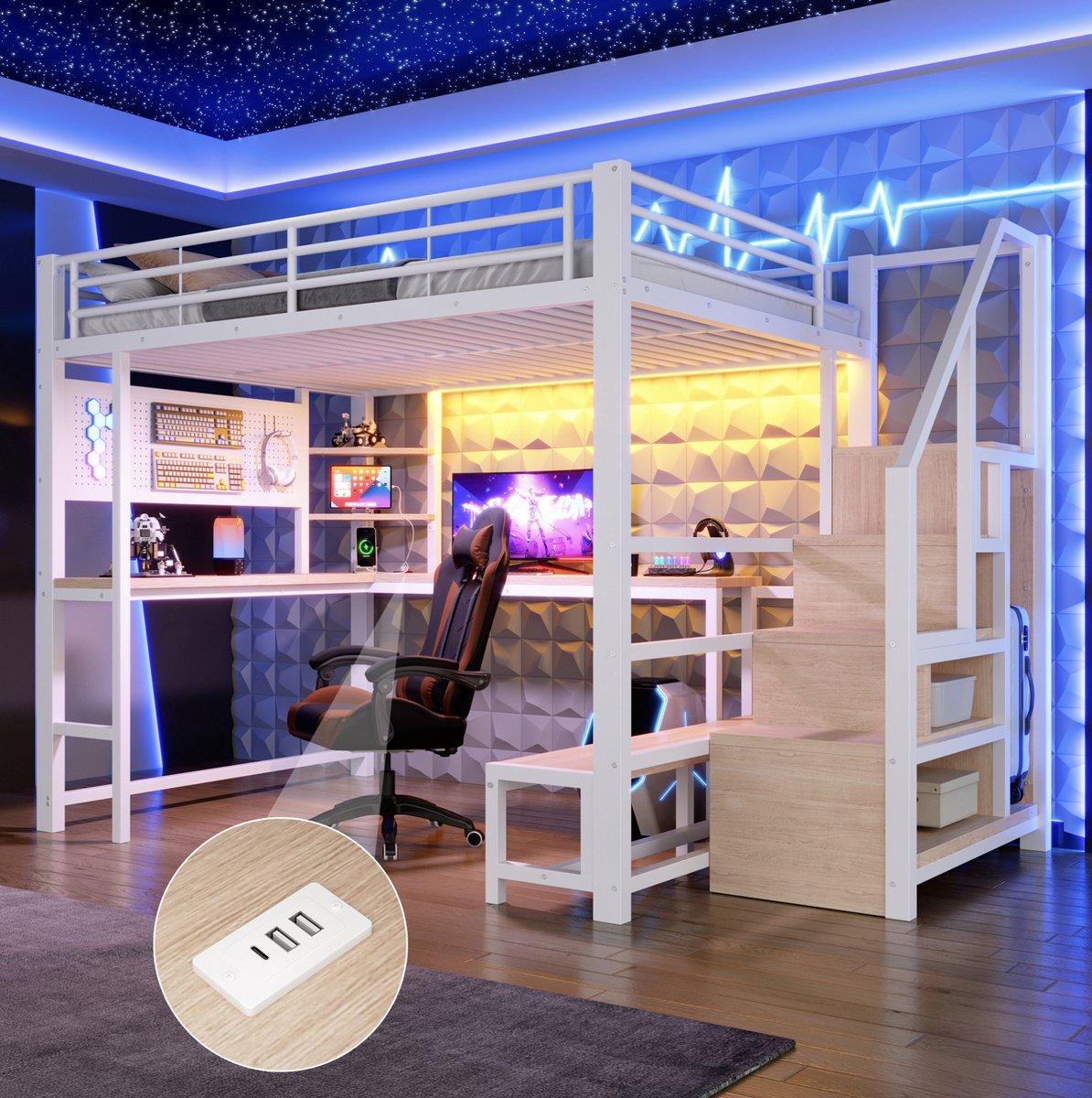 STILVORA Hoogslaper 140 x 200 cm Zonder matras – Bureau met USB en USB-C – Opbergrekken, ladderkast en LED-verlichting – Jeugdkamer – Wit