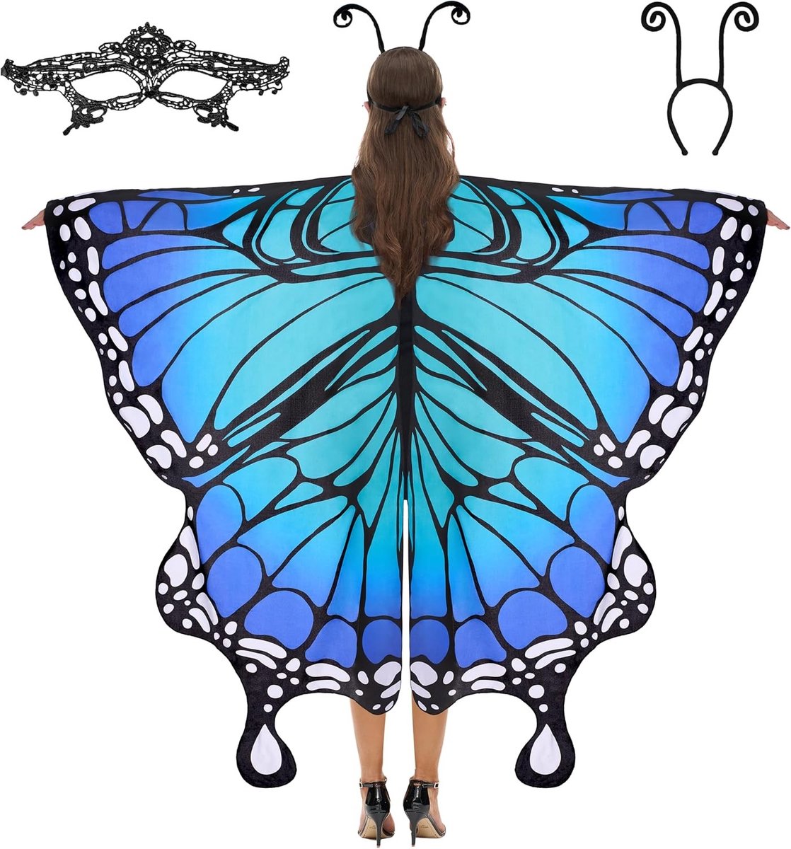 Vleermuisvleugel Cape Sjaal met Kantmasker en Zwarte Fluwelen Antenne Hoofdband voor Volwassenen - Perfect voor Halloween Kostuum Accessoires
