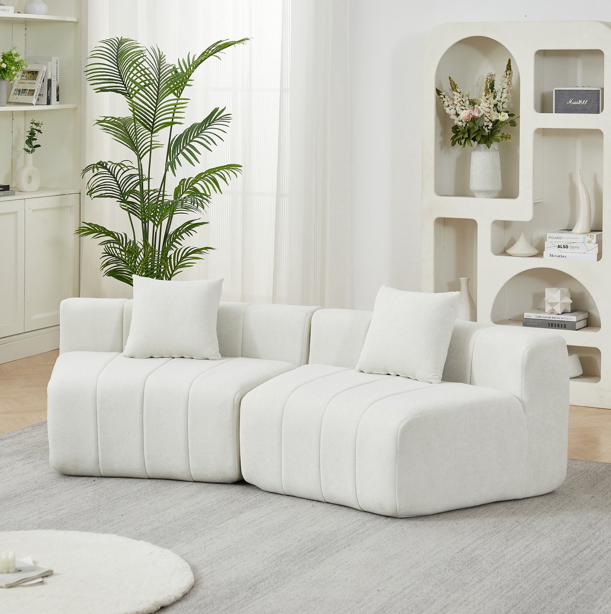 Modulaire Gebogen Zitbank 2 Zits 223 Cm Halfrond Met 2 Kussens Voor Woonkamer Slaapkamer En Kantoor Chenille Beige