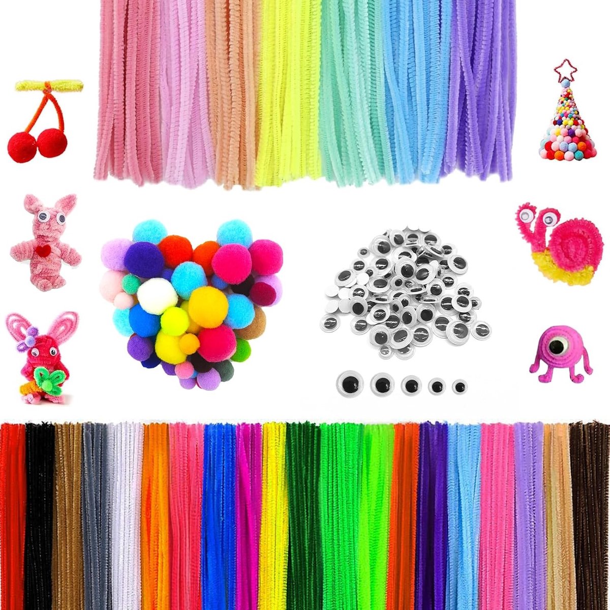 300 Stuks Chenille Pijpenragers voor Creatieve Projecten, Inclusief 150 Zelfklevende Wiggly Ogen en 60 Kleurrijke Pompoms voor DIY Knutselwerk en Decoraties