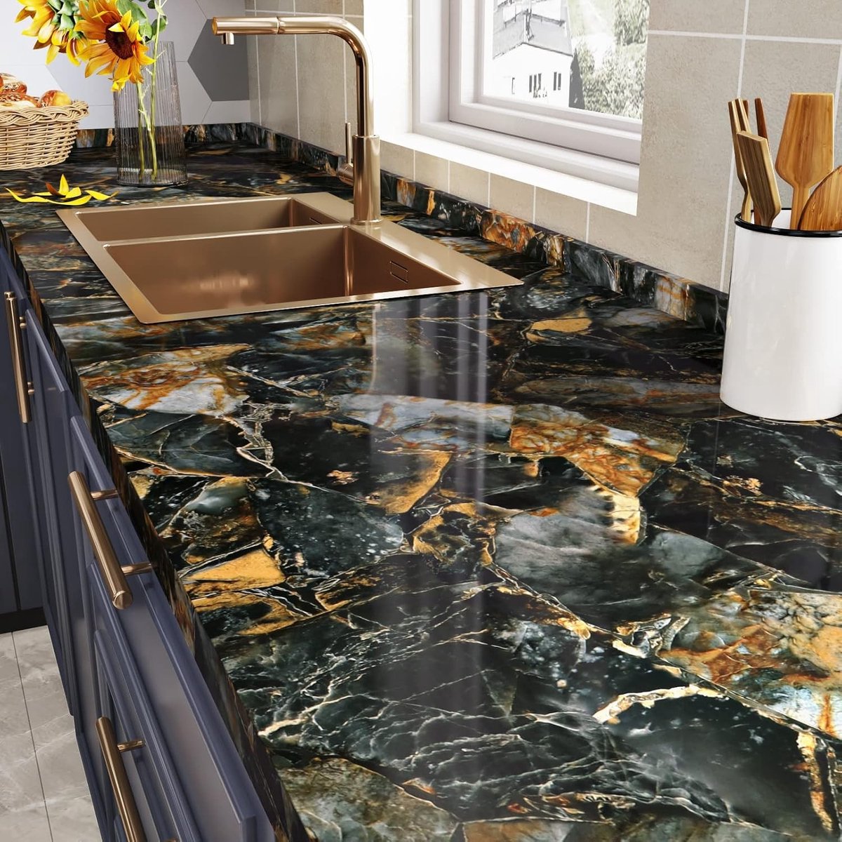 Marmer Behang in Zwart en Goud, 60cm x 800cm, Luxe Wanddecoratie voor Thuis en Kantoor
