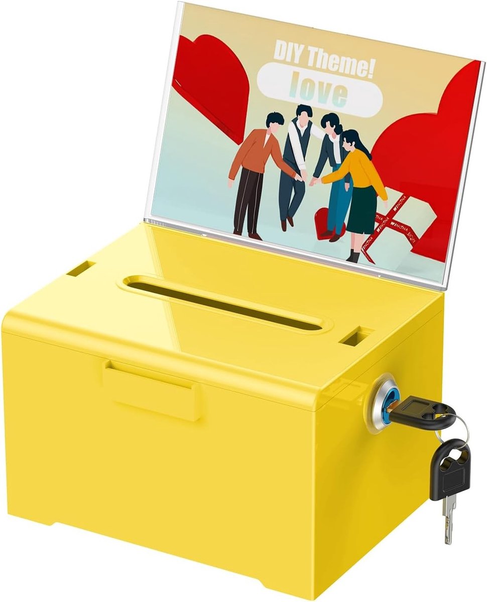 Donatiebox van geel acryl met slot en gleuf - 16 x 5 x 10 cm voor geld en kaarten
