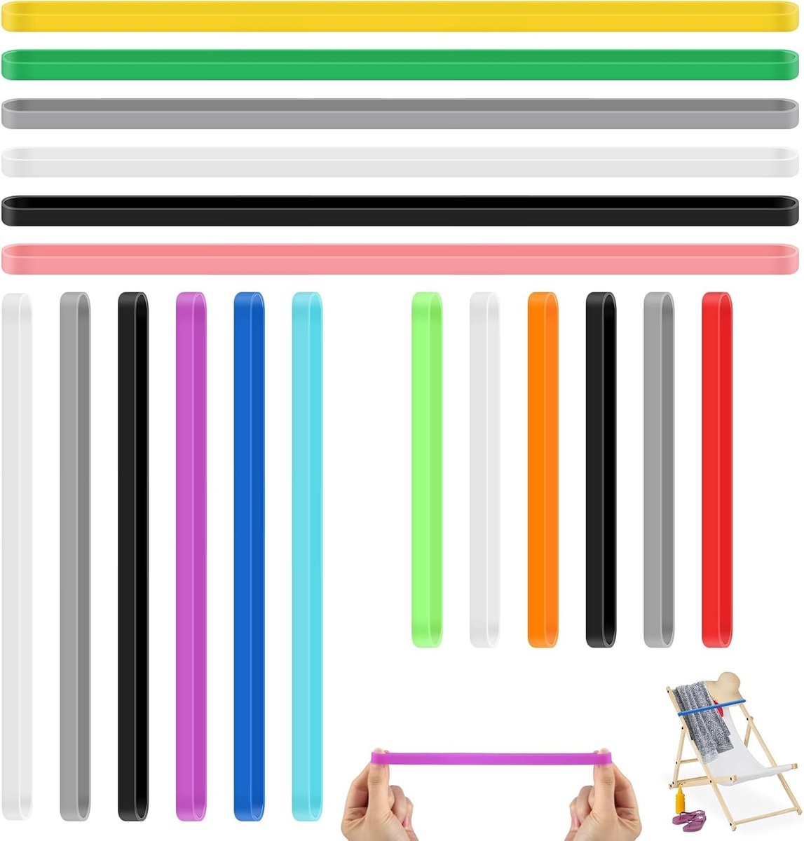 Set van 18 Kleurige Elastieken Bands voor Strandhanddoeken, 14 cm, 20 cm, 30 cm, Ideaal voor Strandstoelen en Boeken, Duurzaam en Flexibel