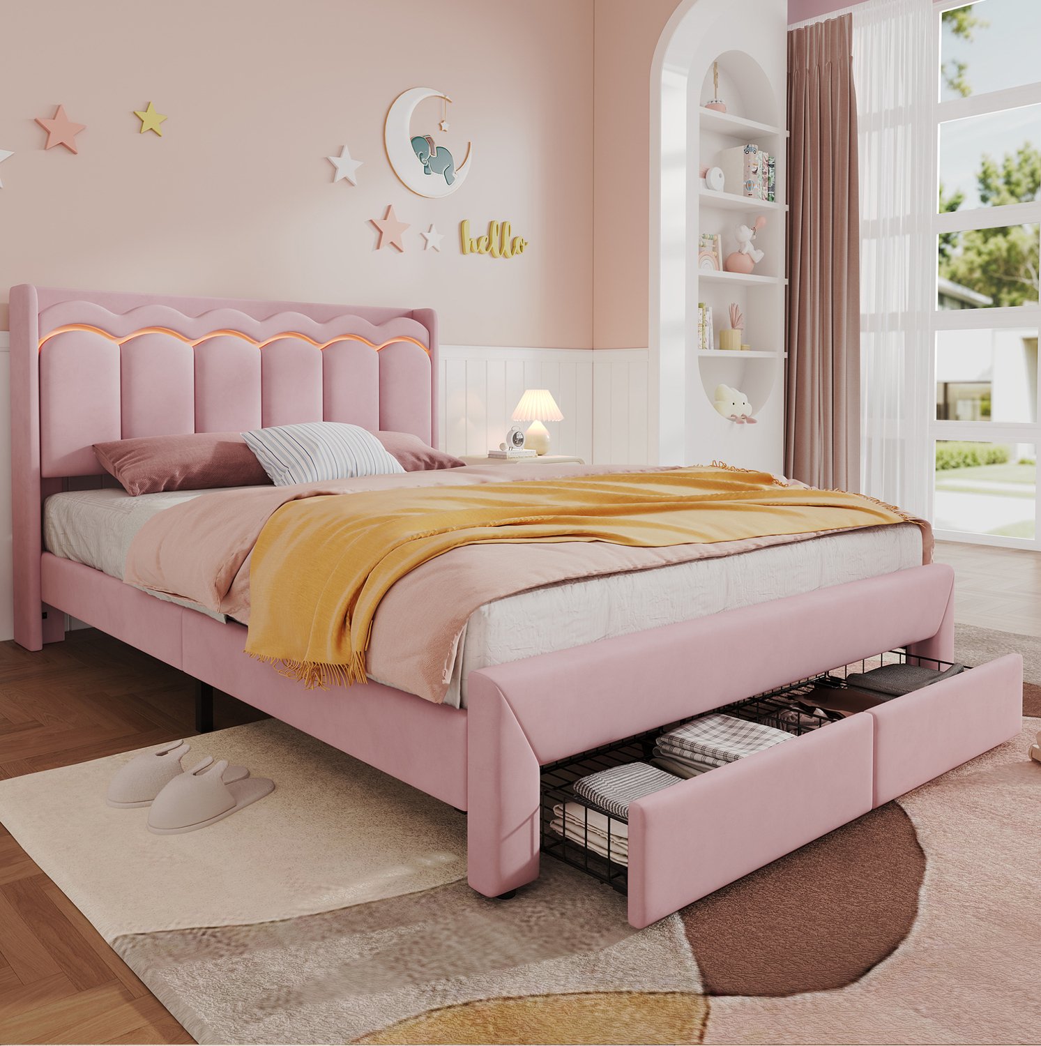 HAUSS SPOLE Gestoffeerd Kinderbed 140x200 cm - Golvend Hoofdbord met Ledverlichting - Twee Laden en Legvlak - Zonder Matras - Fluweel - Roze