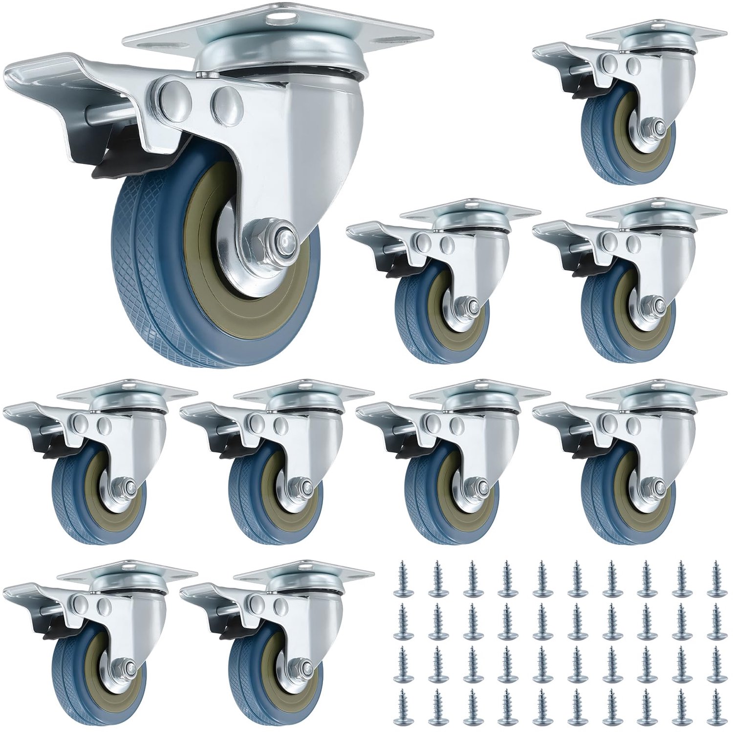 Meubelwielen set van 10 - Zware wielen met rem - 50 mm diameter - Stille zwenkwielen - Robuust pvc en staal - Geschikt voor meubels en transportwagens