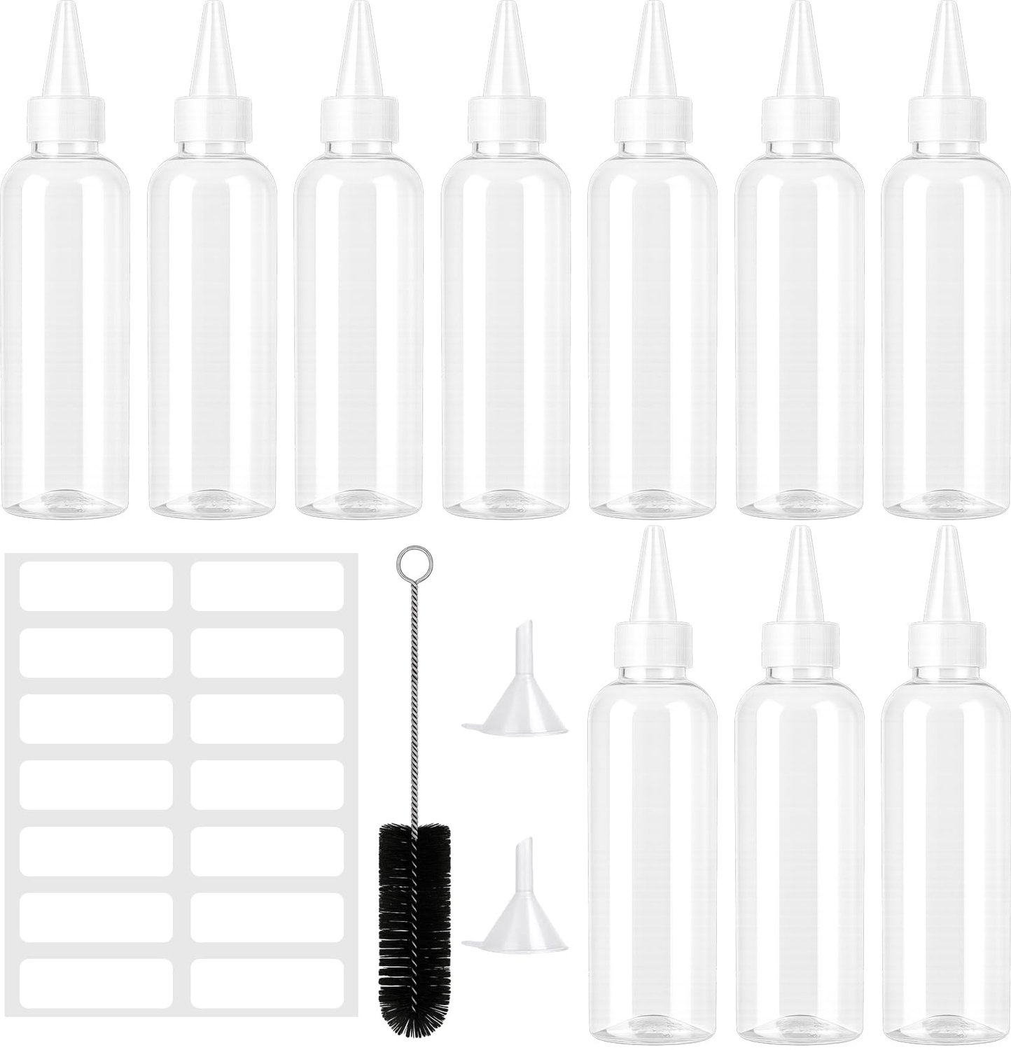 10 stuks knijpflessen 100 ml met etiketten en accessoires