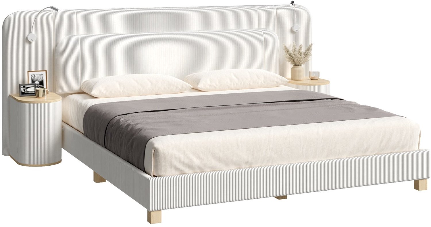 REDOM Gestoffeerd bed 140x200 cm - Met nachtkastjes en LED-verlichting - Beige