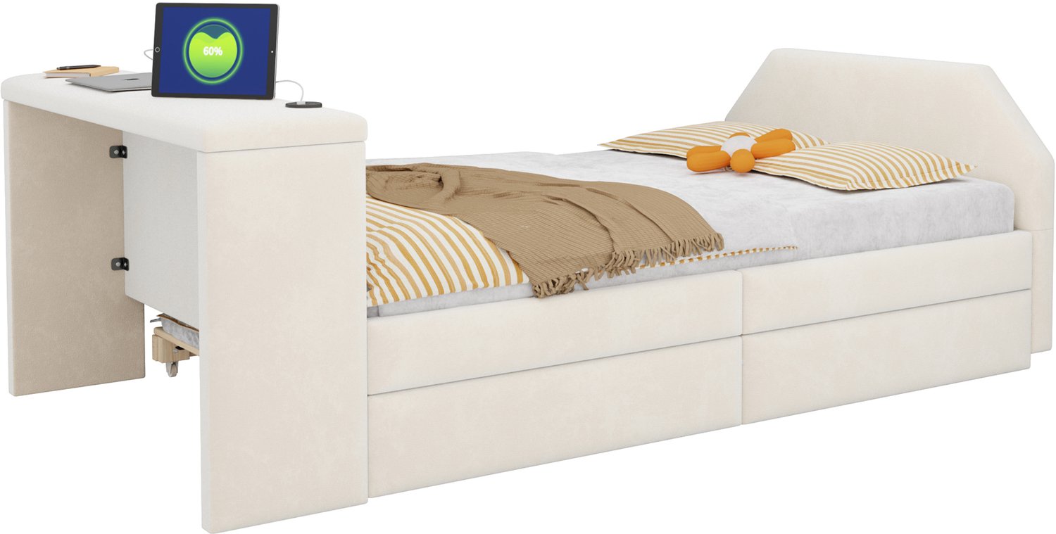 REDOM Kinderbed 90x200 cm - Met bureau, USB-aansluiting en uitschuifbaar gastenbed - Beige