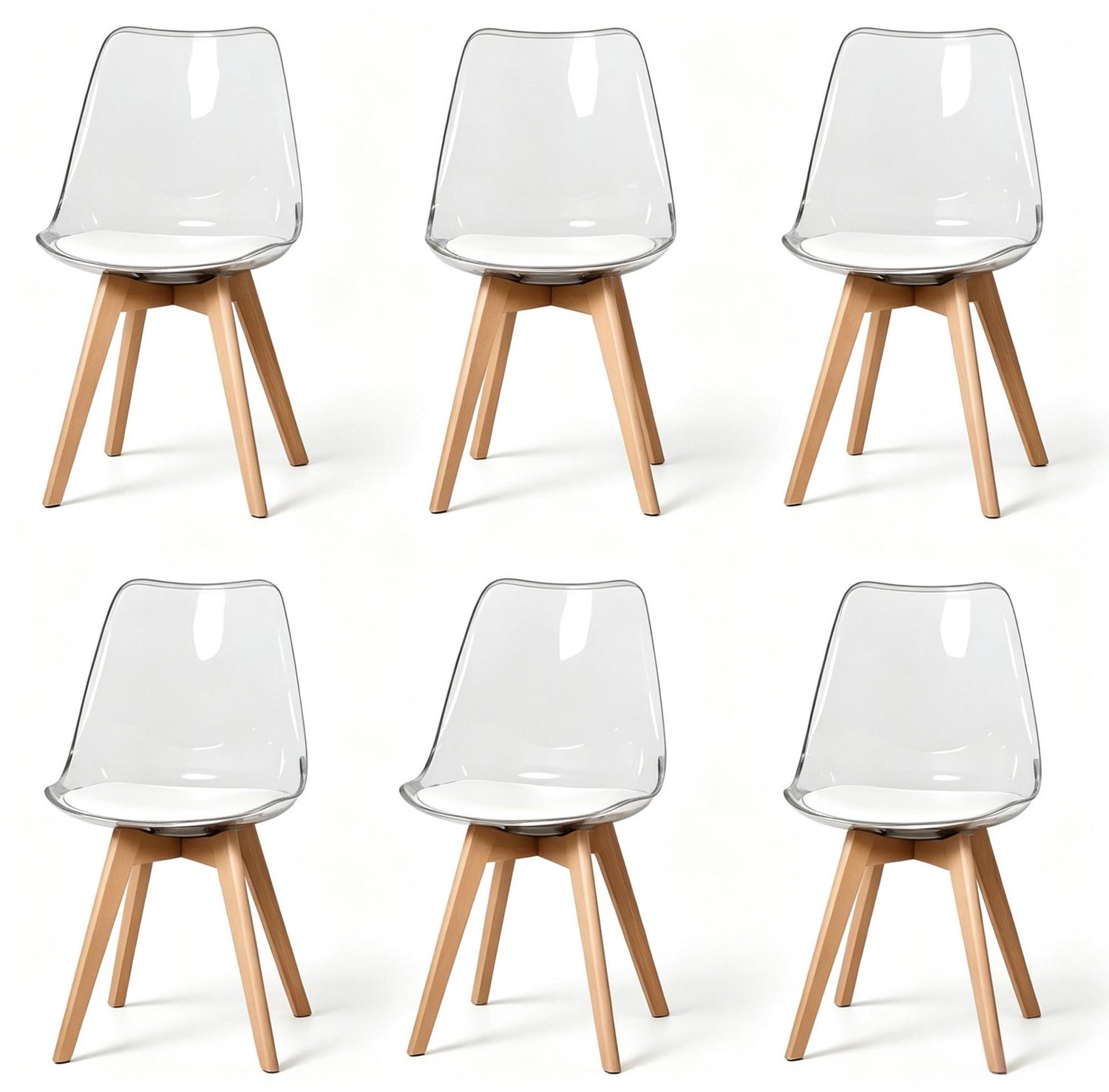 REDOM Set van 6 eetkamerstoelen - Kunstleren zitkussen en houten poten - Wit