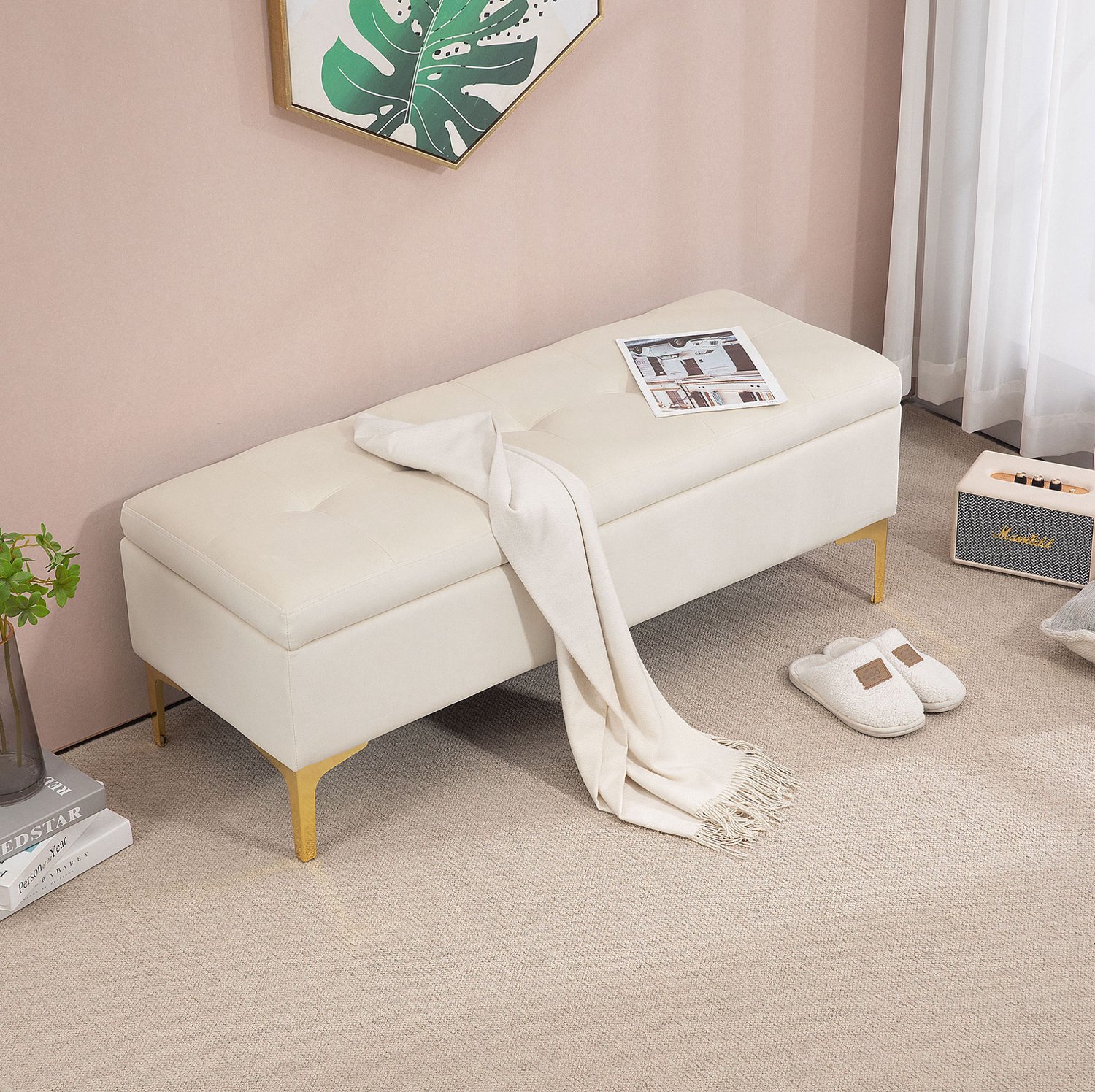 HAUSS SPOLE Opbergbank - Gestoffeerd Bankje met Verborgen Opbergruimte - Voor Slaapkamer en Hal - Polyester en Metaal - 120 x 44 x 44,5 cm - Beige
