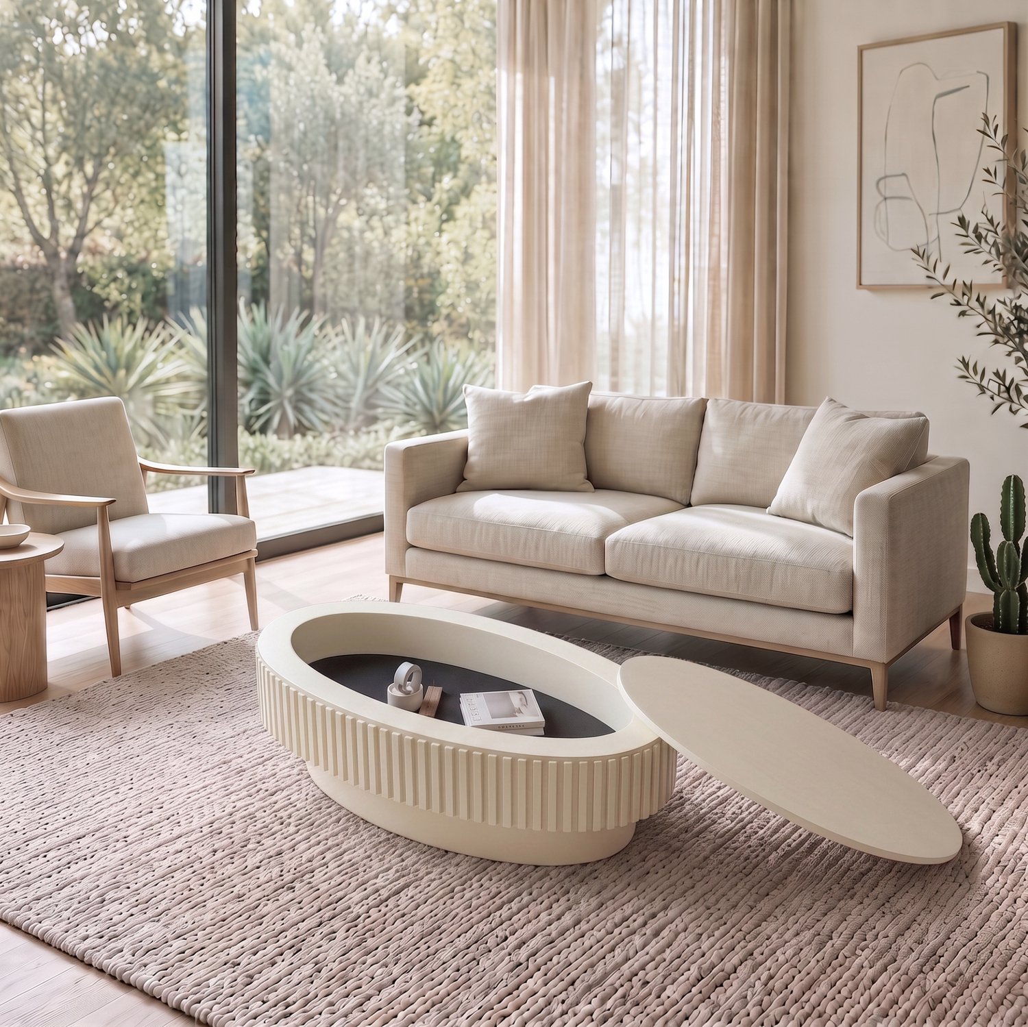 HAUSS SPOLE Salontafel - Ovaal Met Verborgen Opbergruimte - Voor Woonkamer En Slaapkamer - MDF En Houtfineer - 98x60x35 Cm - Crème