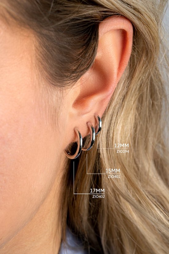 Drie zilveren oorringen in oplopende maten: 12mm ZIO194, 15mm ZIO401 en 17mm ZIO402.