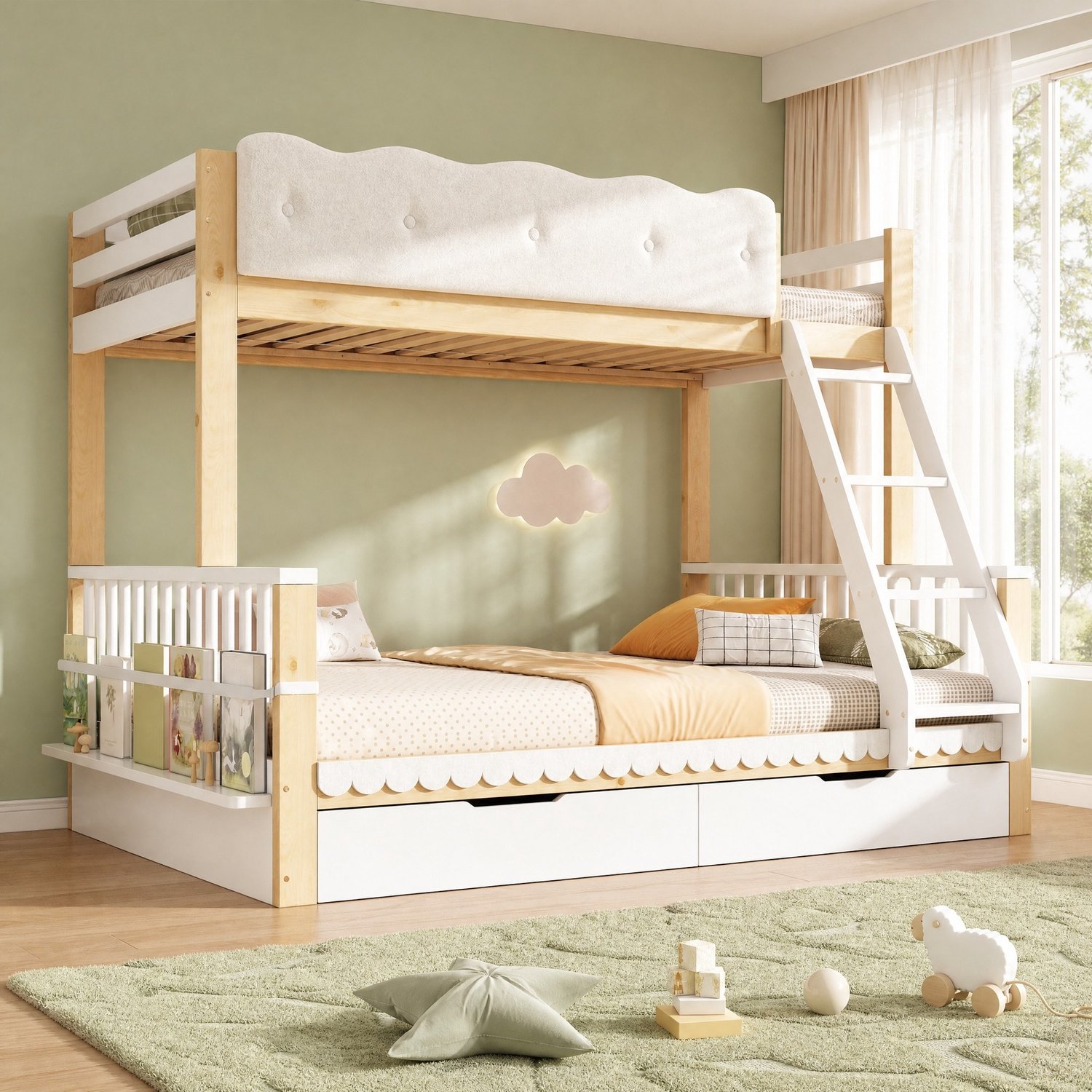 MEUNIQ stapelbed 90 x 200 en 140 x 200 cm, met 2 lades, bedbodems, gestoffeerde uitvalbeveiliging en boekenrek, voor de kinderkamer, wit en eikenkleur