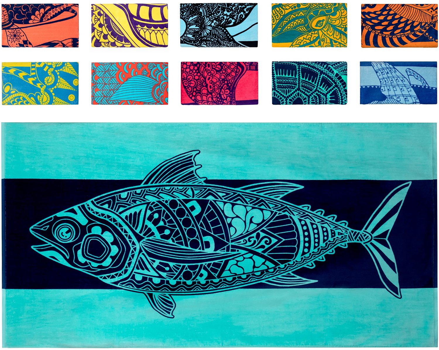 Grote Strandhanddoek met Tropisch Tonijnontwerp Sneldrogend Katoen Blauw 86x160cm