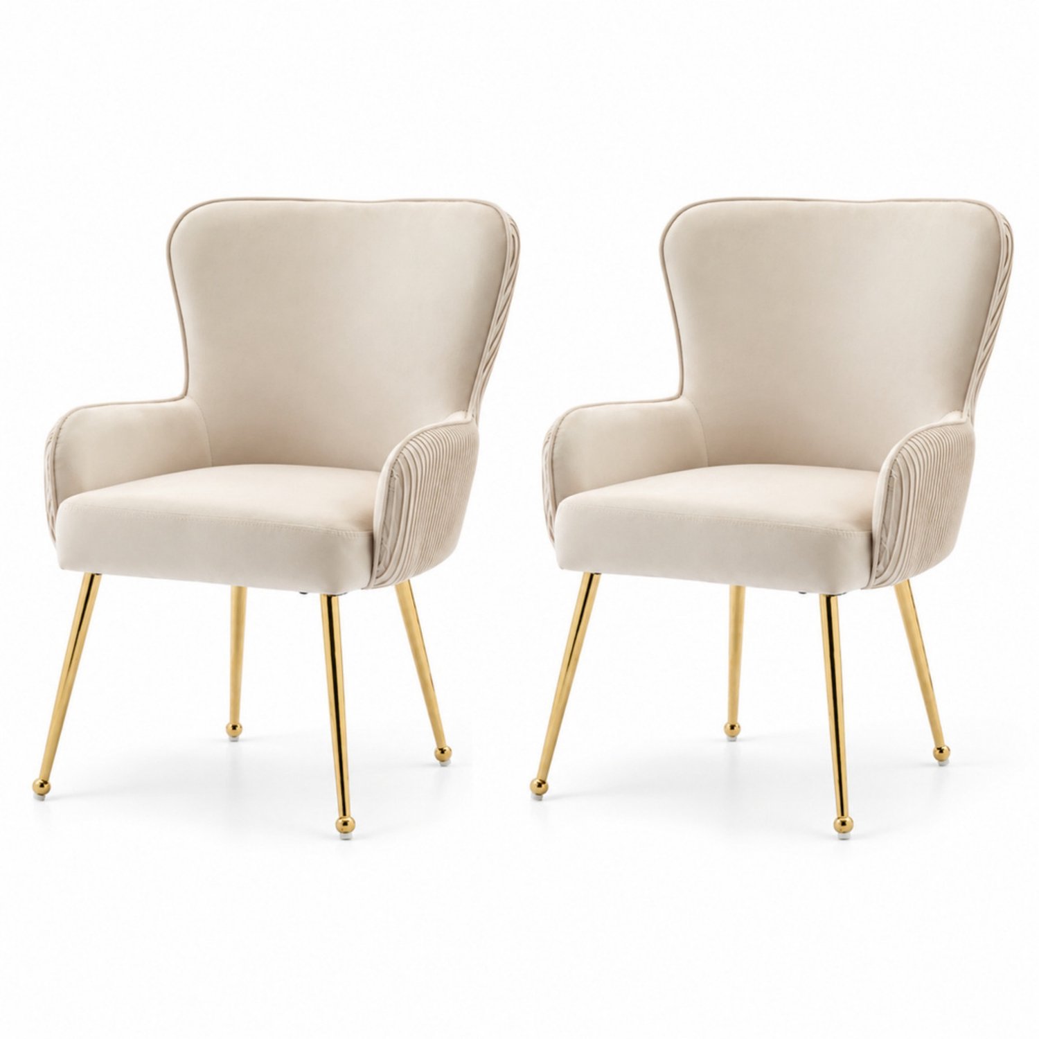 LONG DRAGON - Velvet eetkamerstoelen - Set van 2 - Vier goudkleurige metalen poten - Armleuningen en lendensteun - Verstelbare voetjes - Beige