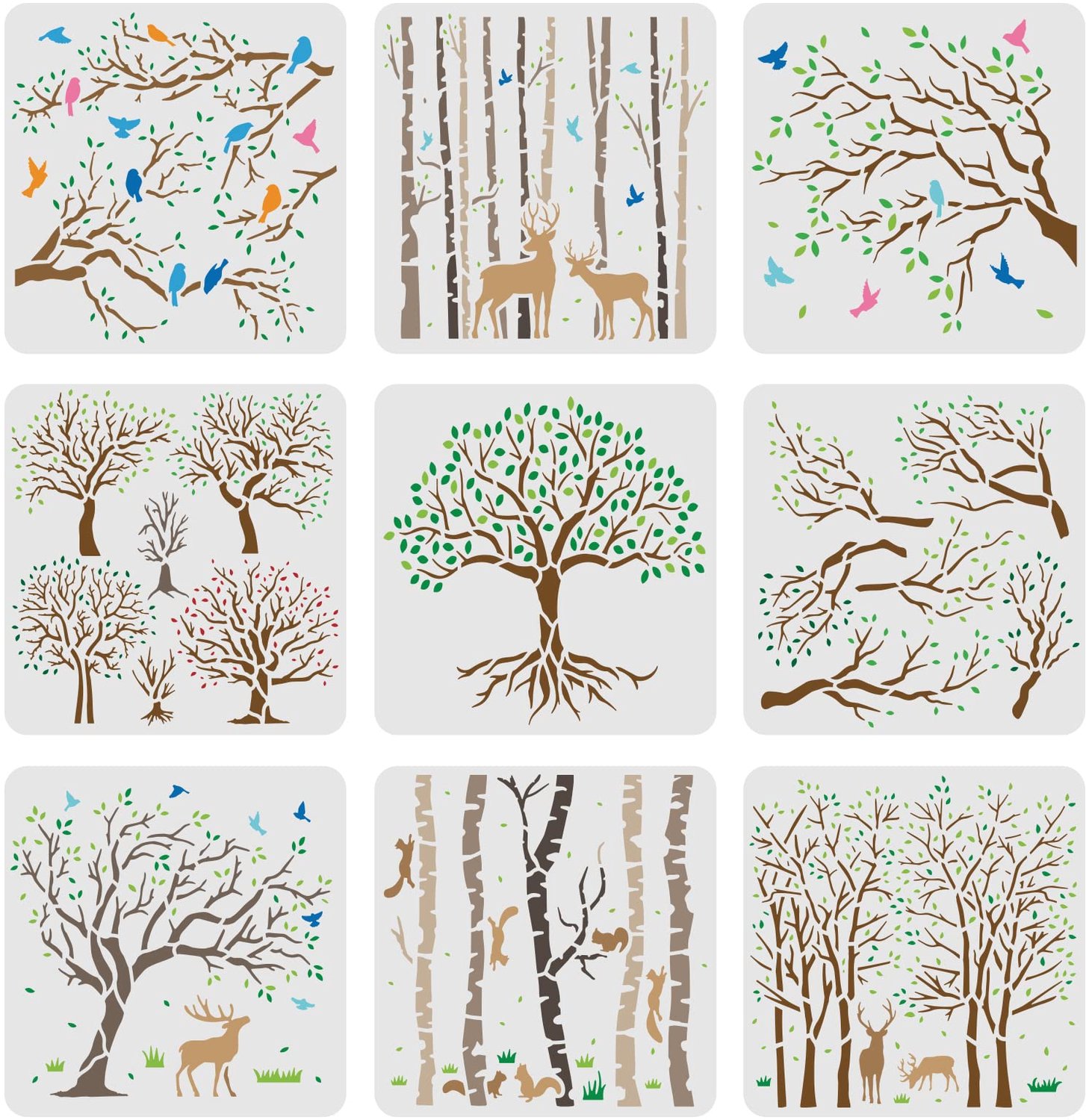 Boomsjablonen 9 Stuks - Herbruikbaar - 20 x 20 cm - Verf/Sjablonen - Schilderen op Hout/Papier/Stof - Creatieve Inspiratie - Schilderstencils