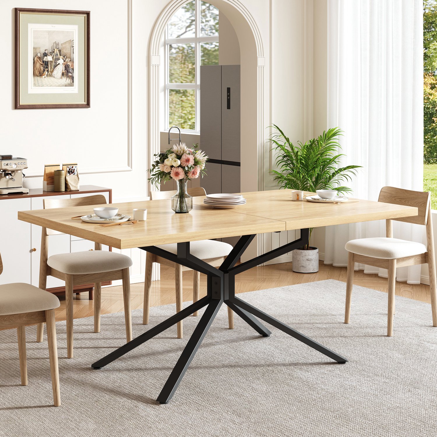 OKWISH Eettafel - Uitschuifbaar Voor 4 tot 6 Personen - Eetkamer en Keuken - Licht Eiken MDF en Zwart Metaal - 120 tot 160 x 90 x 75 cm