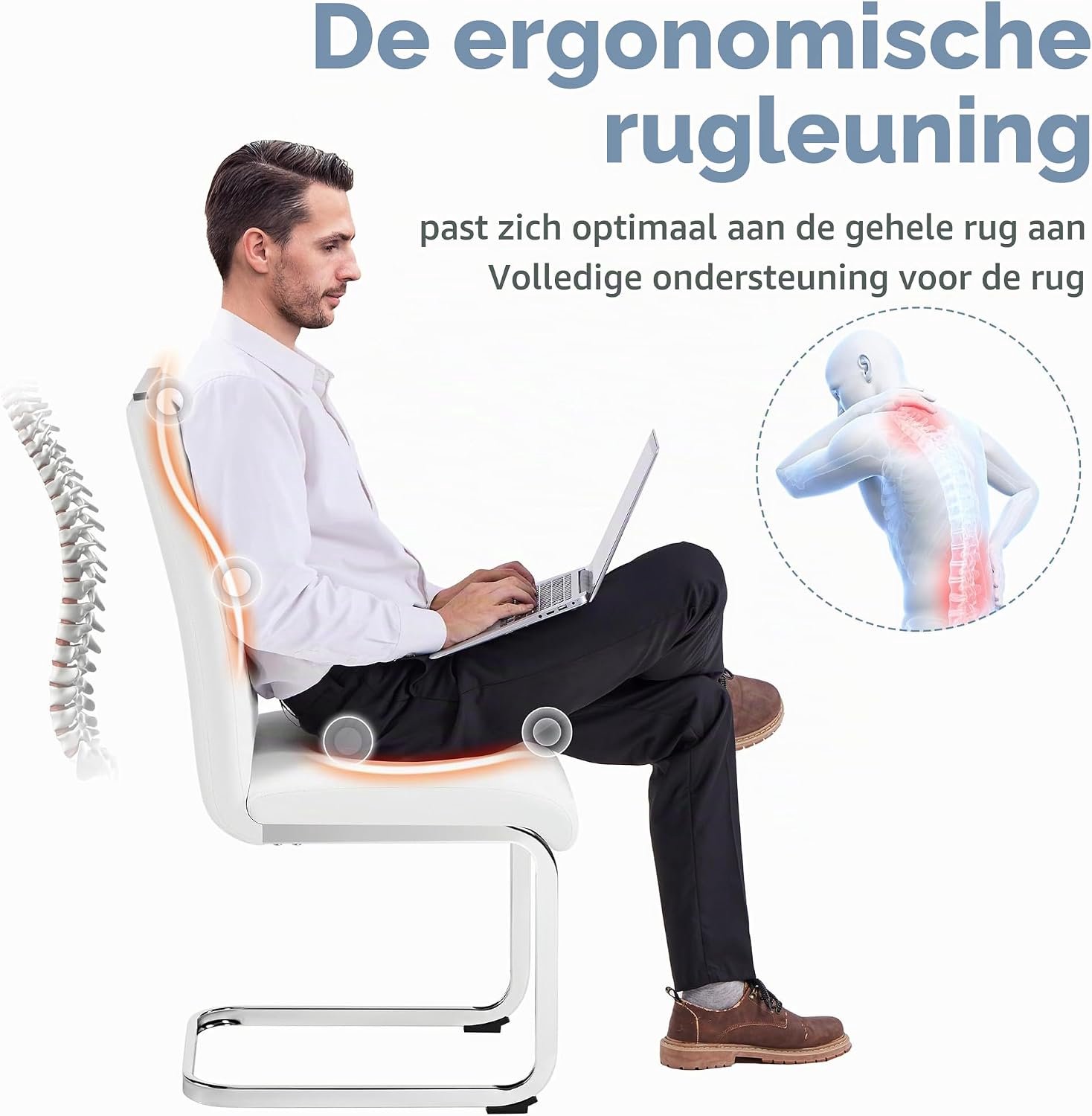 Moderne Witte Sledestoelen Set van 4 – Comfortabele Gestoffeerde Eetkamerstoelen met Hoge Rugleuning, Kunstleren Bekleding, Stevig Metalen Sledeframe, Ergonomische Zitting, Vloerbeschermers en Draagvermogen tot 136 kg per Stoel, 59 × 40,5 × 98,5 cm