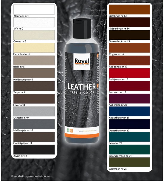 Fles Royal Leather Care & Color met een kleurkaart van 25 leerkleuren, van wit en grijs tot bruin, rood en groen.