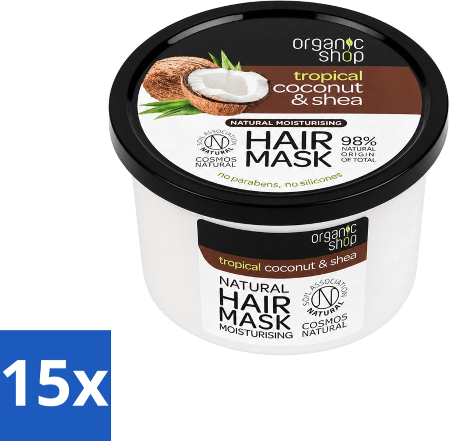15 x Organic Shop - Haarmasker Coconut & Shea - Verzorgend en Voedend - 250 ml - Voordeelverpakking - 15 stuks
