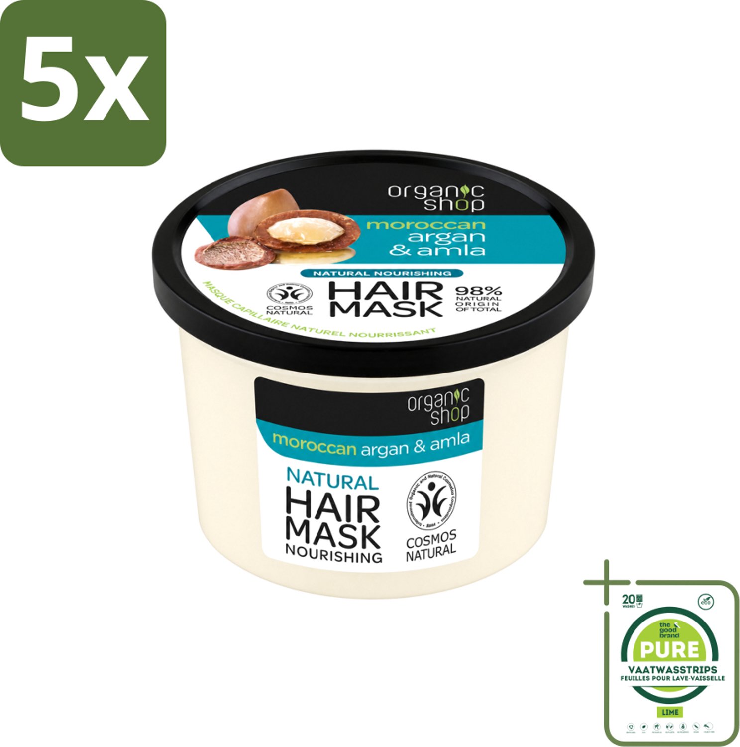 5 x Organic Shop - Haarmasker Argan & Amla - Herstellend en Verzorgend - 250 ml - Grootverpakking - Vaatwasstrips - Haarmasker - Herstel Haar - Natuurlijke Haarmasker - Arganolie - Amla