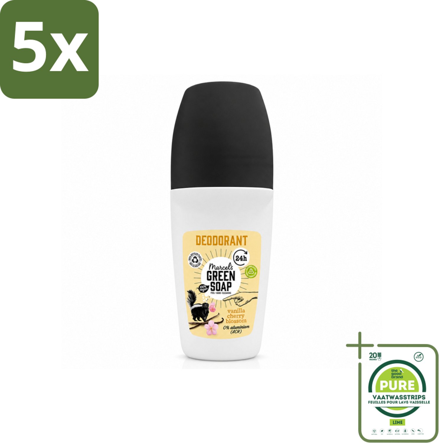 5 x Marcel's Green Soap - Deodorant Roller - Vanilla & Cherryblossom - Langdurige frisheid - 50 ml - Grootverpakking - Vaatwasstrips - Deodorant - Geur - Oksels - Frisheid - Duurzaam