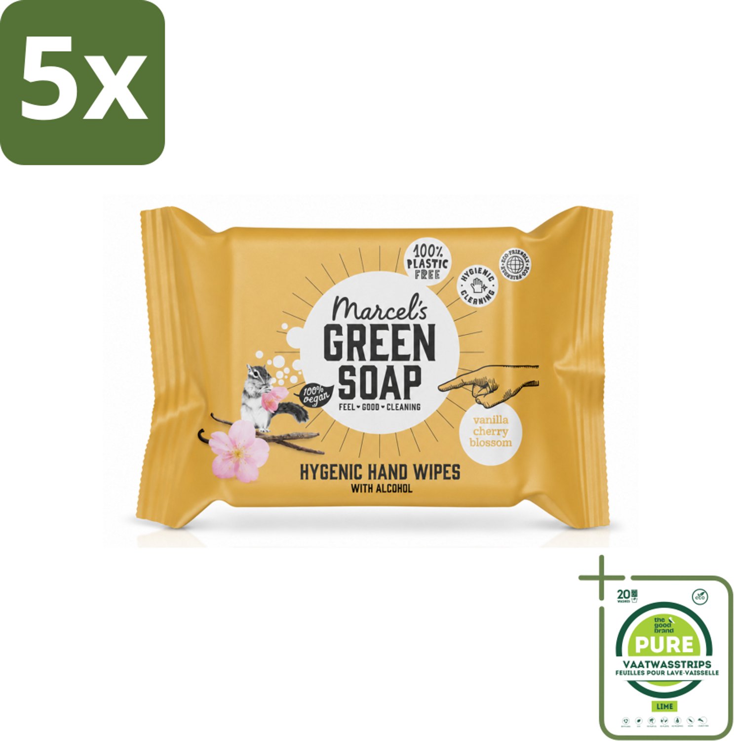 5 x Marcel's Green Soap - Hand doekjes - Vanille & Cherry Blossom - Mild & handig - 15 Doekjes - Grootverpakking - Vaatwasstrips - Handdoekjes - Handdoek - Reinigen - Natuurlijke Zepen - Glycerine